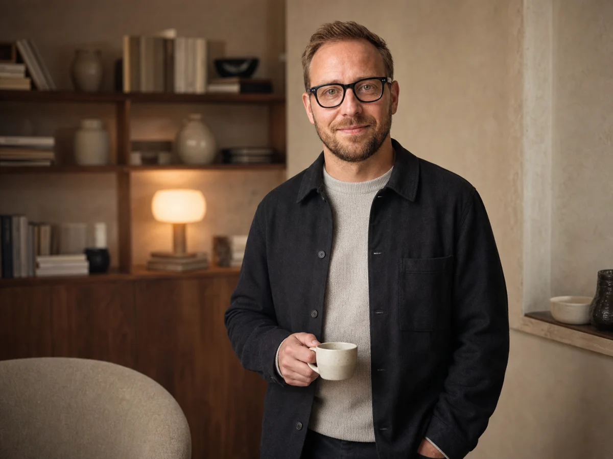 Lukas König con una taza de café en una biblioteca residencial