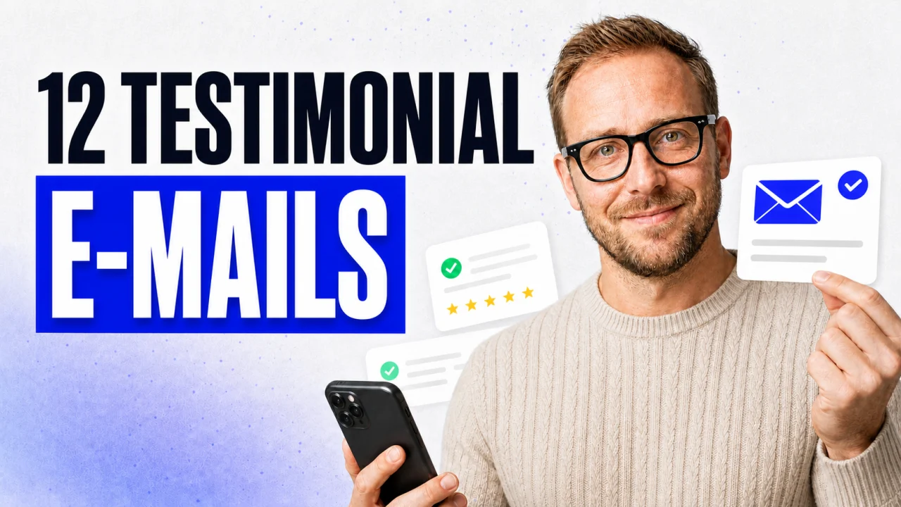 Zwölf Testimonial-E-Mails mit Lukas König, Smartphone und E-Mail-Karte