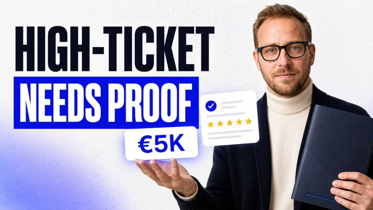High-ticket social proof with Lukas König holding a proposal beside a verified review